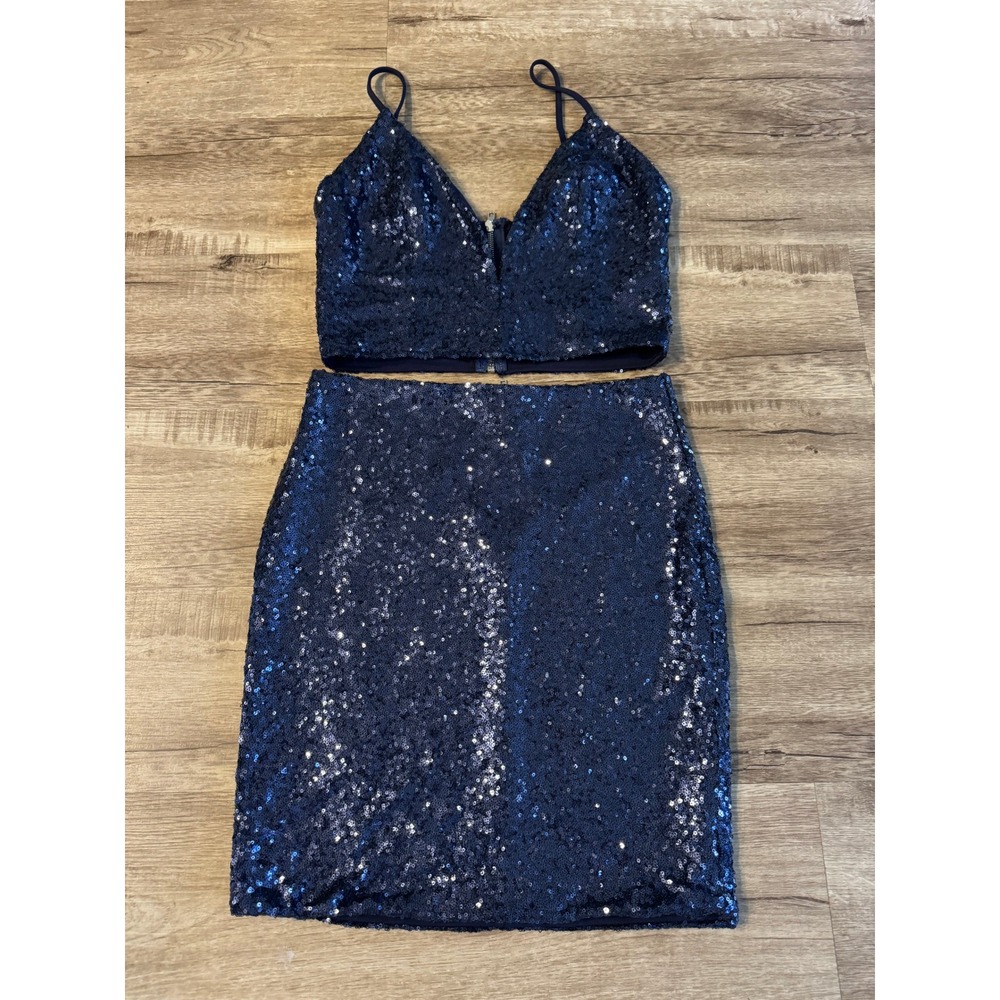 ANGL Sequin Two Piece Set Navy Blue Cami Crop Top Mini Skirt Large Excellent